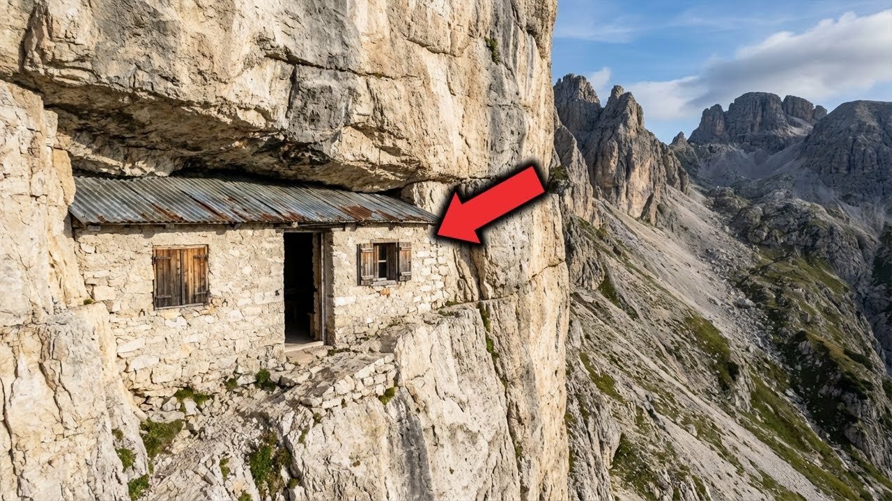 Kletterer finden ein Haus an der Bergseite. Dann werfen sie einen Blick hinein.